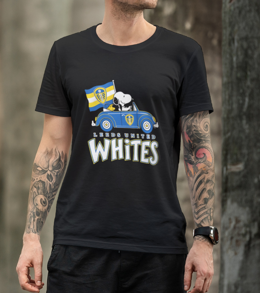 Leeds United Whites Snoopy Car Driving With Flag T-Shirt
