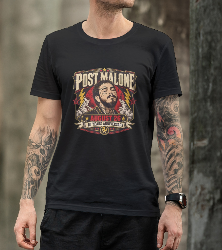 Post Malone August 26 10 Years Anniversary Retro Style Lightning Bolts And Stars T-Shirt