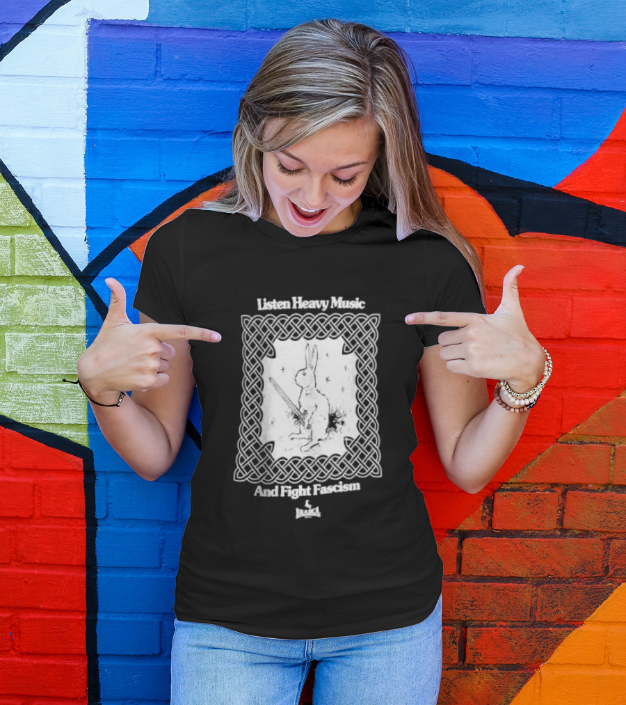 Listen Heavy Music And Fight Fascism Bunny With Sword Celtic Knot Frame T-Shirt
