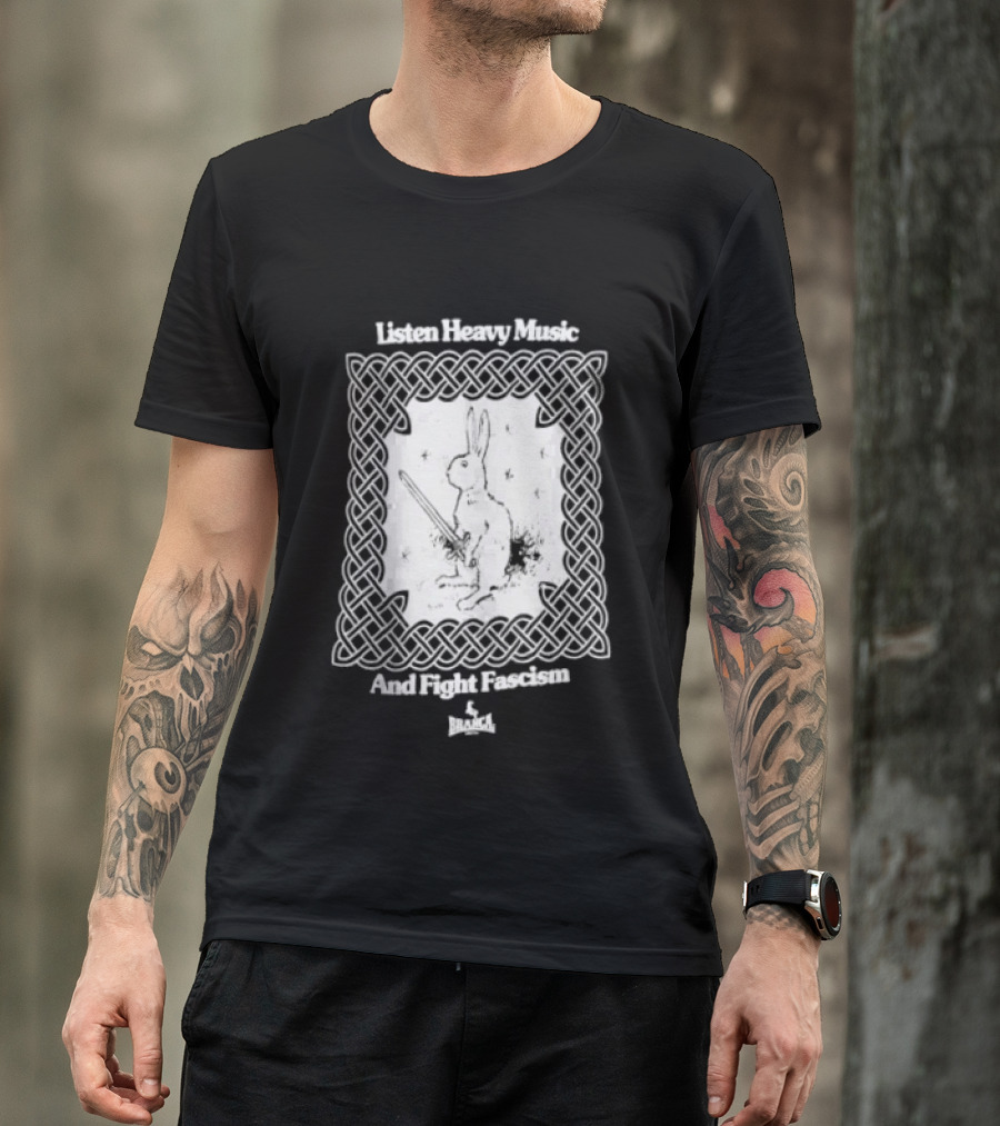 Listen Heavy Music And Fight Fascism Bunny With Sword Celtic Knot Frame T-Shirt