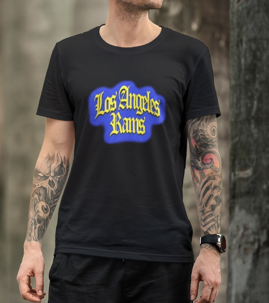 Los Angeles Rams Yellow Gothic Letters Blue Aura T-Shirt