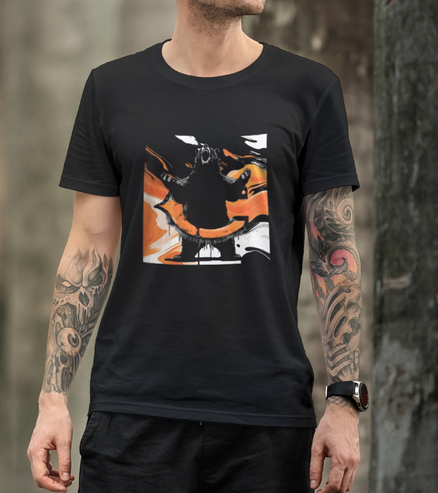 Roaring Black Bear Orange Liquid Swirls Dripping Banner T-Shirt