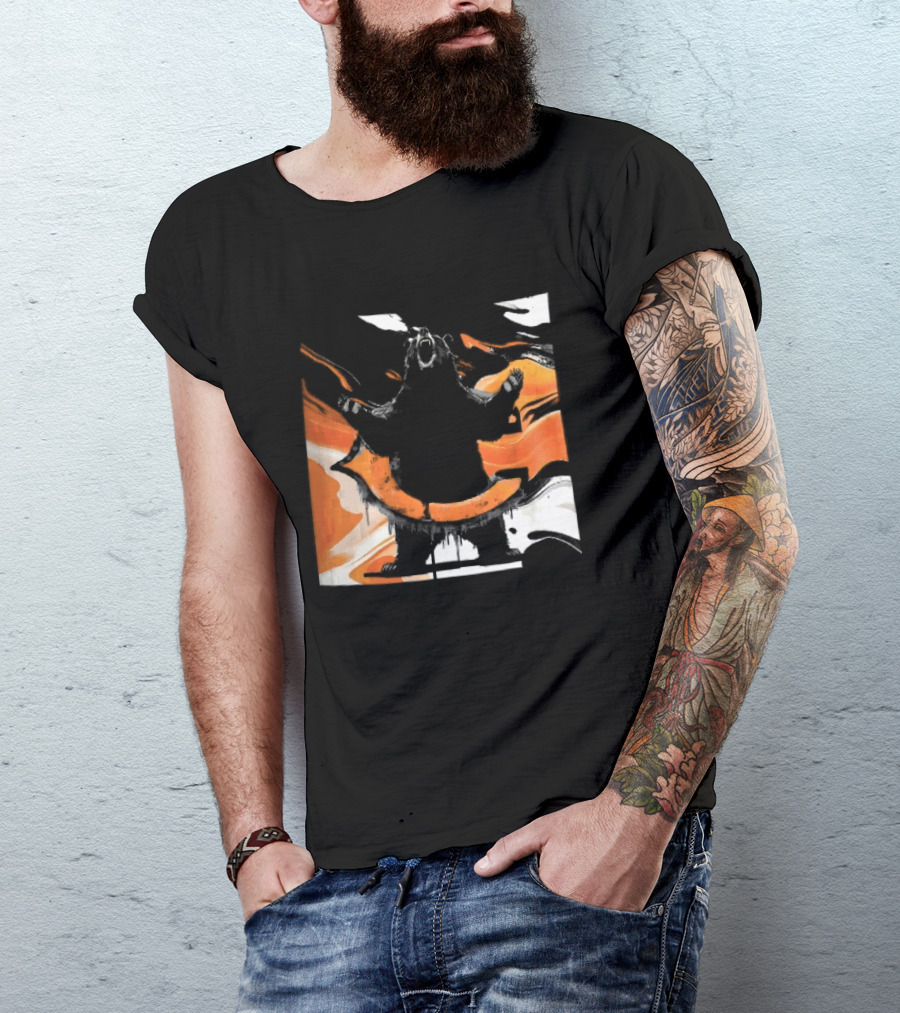 Roaring Black Bear Orange Liquid Swirls Dripping Banner T-Shirt