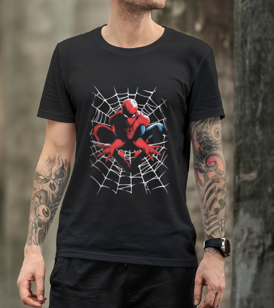 Marvel Spider Man Crouching Red Blue White Web Black T-Shirt