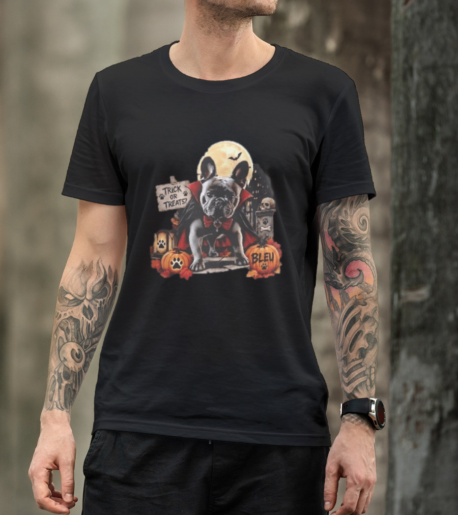 Trick Or Treats Bleu French Bulldog Vampire Cape Moon Pumpkins Halloween Scene T-Shirt