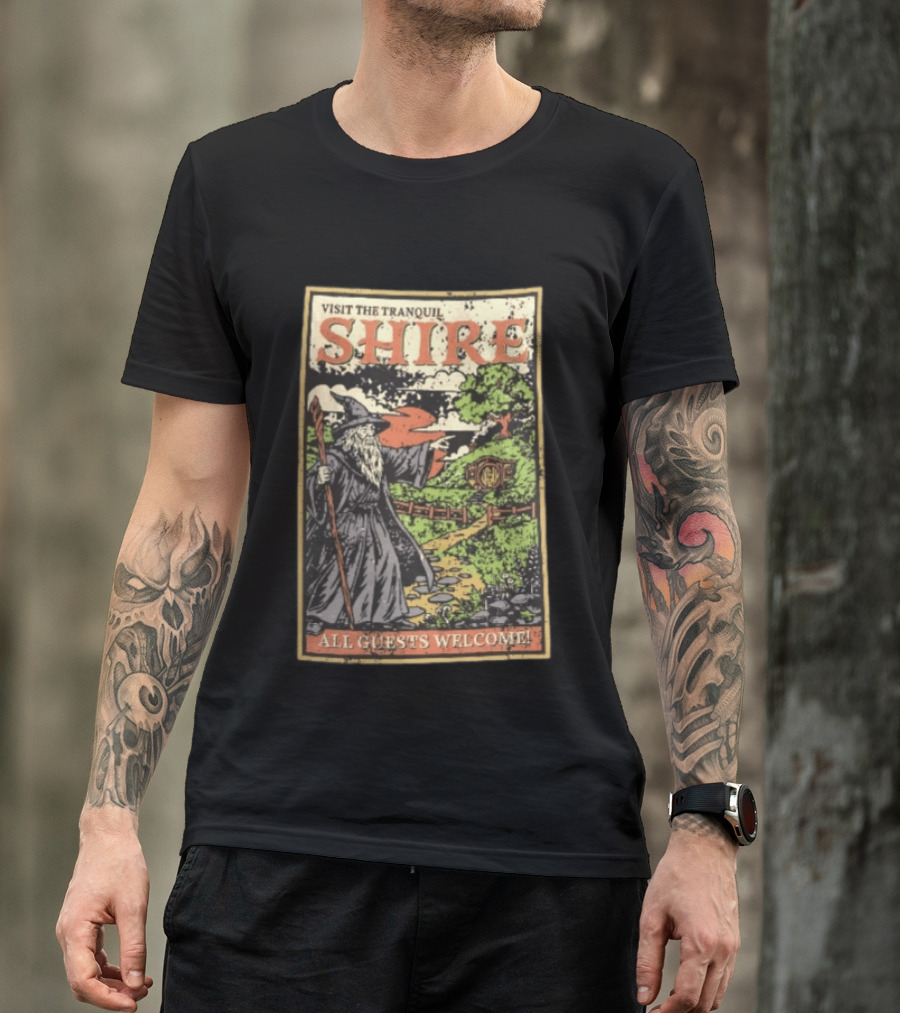 Visit The Tranquil Shire All Guests Welcome Gandalf Hobbit Hole Scene T-Shirt