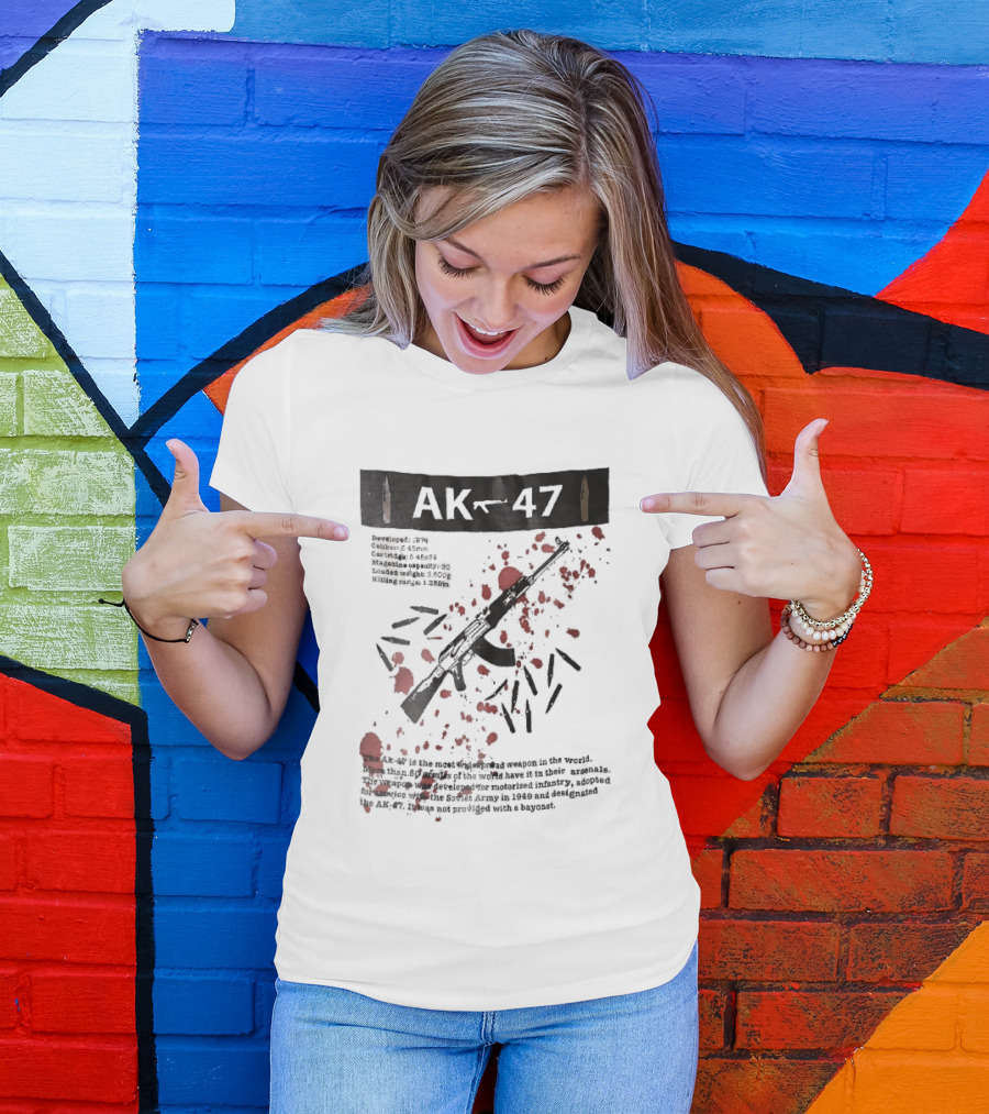 AK 47 1949 Rifle Sketch Red Blood Splatter Bullets Widespread Weapon Statistics T-Shirt