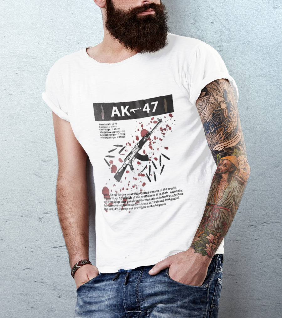 AK 47 1949 Rifle Sketch Red Blood Splatter Bullets Widespread Weapon Statistics T-Shirt
