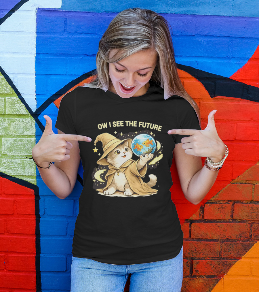 Wizard Cat Halloween Ow I See The Future Goldfish T-Shirt