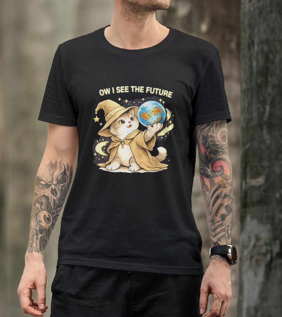 Wizard Cat Halloween Ow I See The Future Goldfish T-Shirt