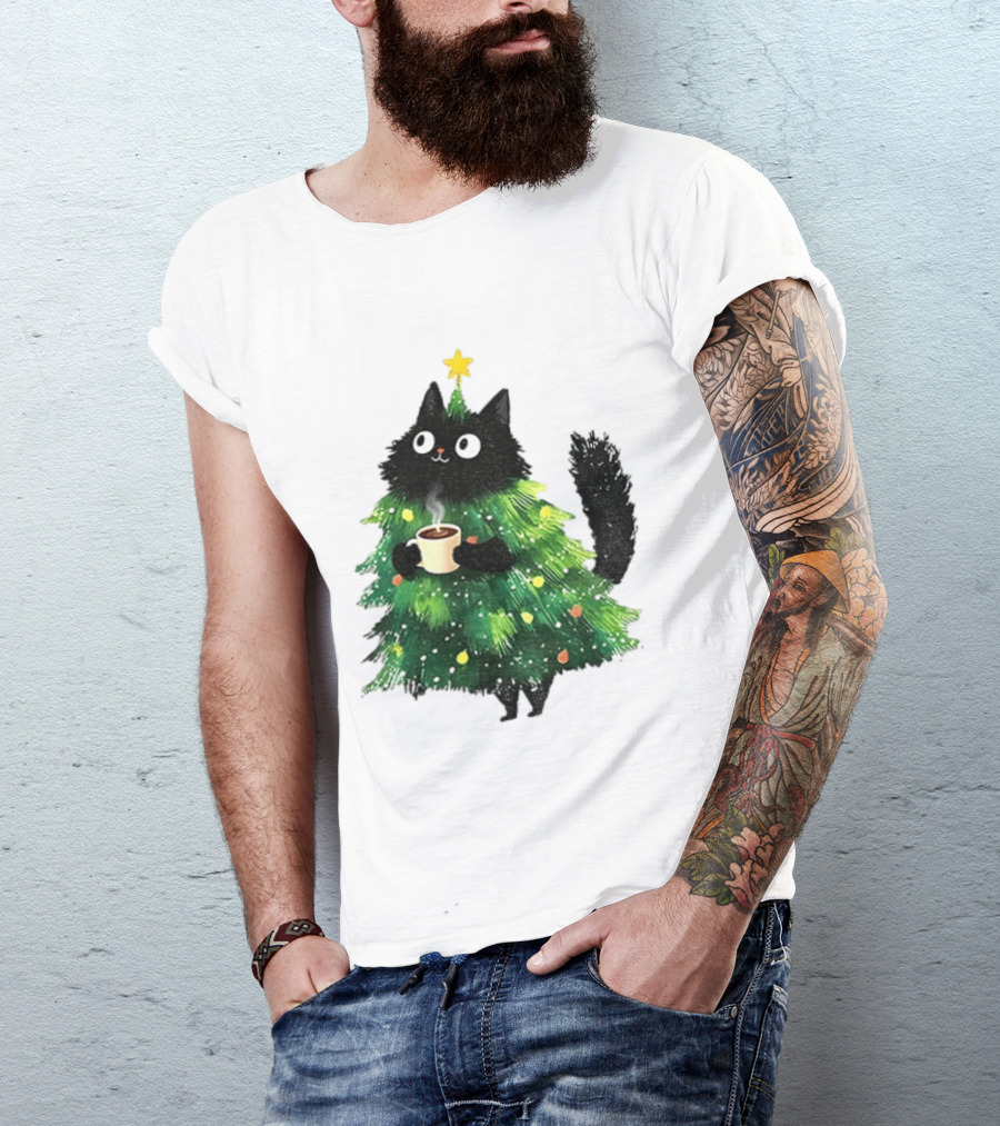 Black Cat Christmas Tree With Hot Coffee Cup T-Shirt