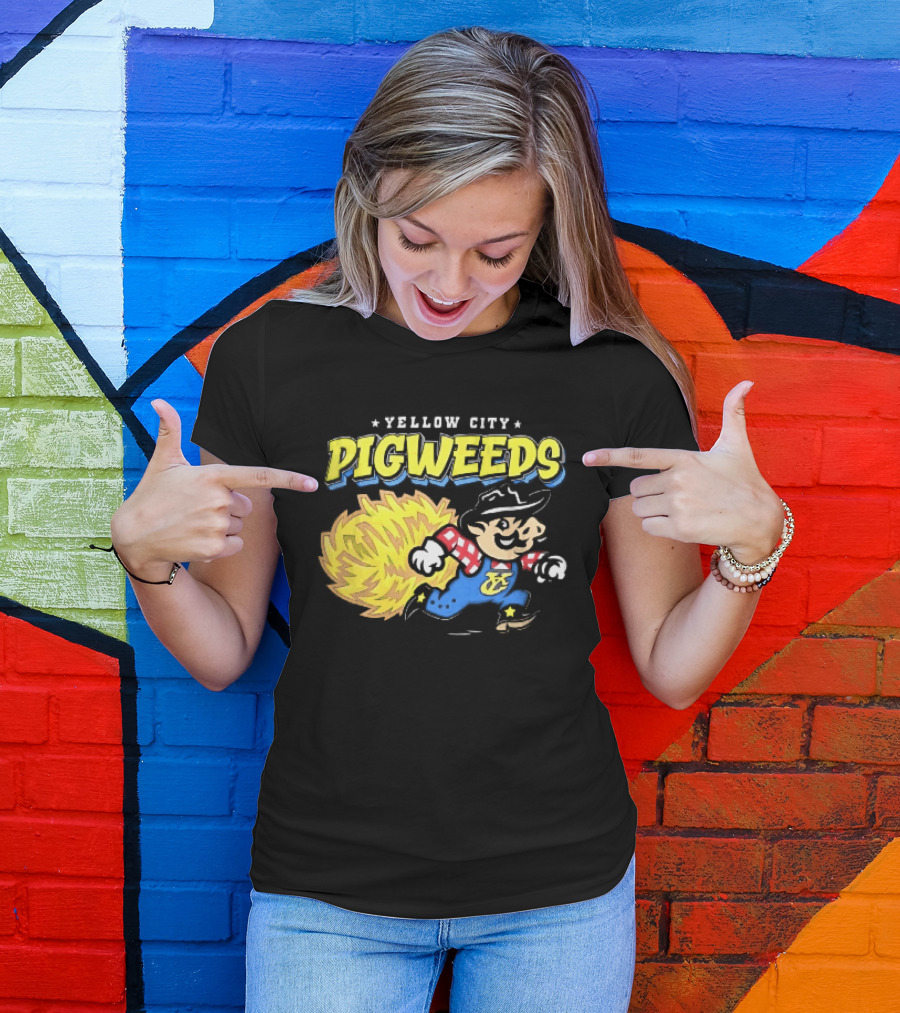 Yellow City Pigweeds Cartoon Cowboy Overalls Tumbleweed Running T-Shirt