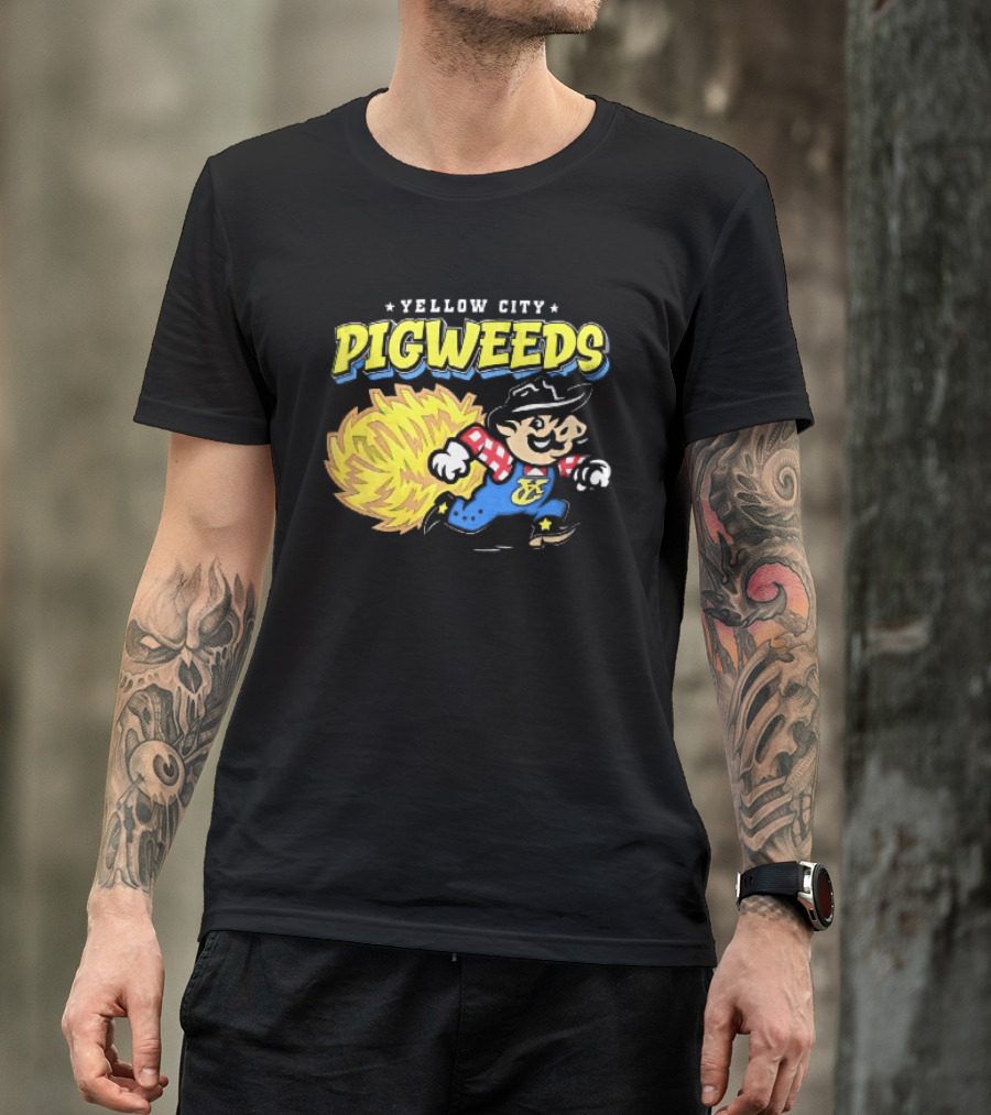 Yellow City Pigweeds Cartoon Cowboy Overalls Tumbleweed Running T-Shirt