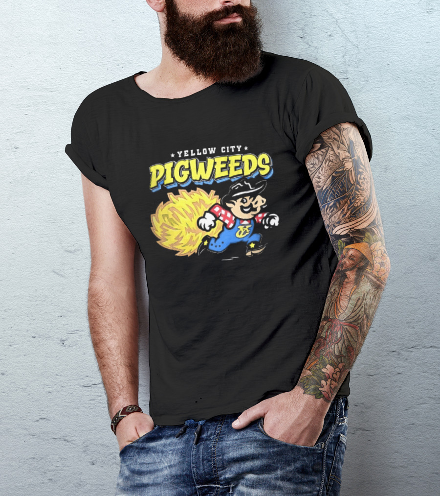 Yellow City Pigweeds Cartoon Cowboy Overalls Tumbleweed Running T-Shirt