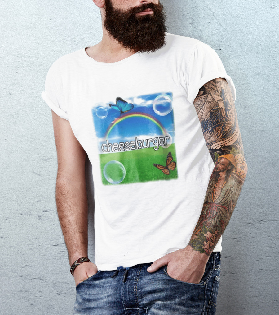 Cheeseburger Pixel Text Rainbow Butterflies Floating Bubbles T-Shirt
