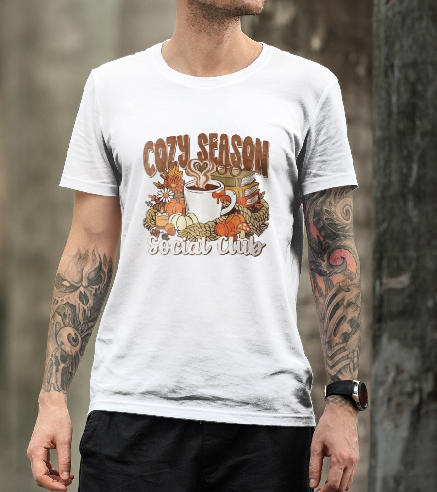 Cozy Season Social Club Coffee Books Pumpkins Knitted Blanket Autumn Vibes T-Shirt