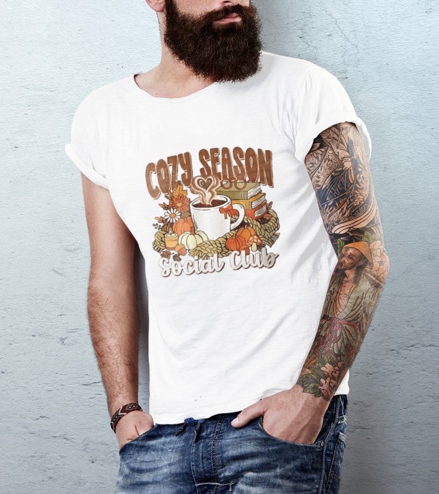 Cozy Season Social Club Coffee Books Pumpkins Knitted Blanket Autumn Vibes T-Shirt