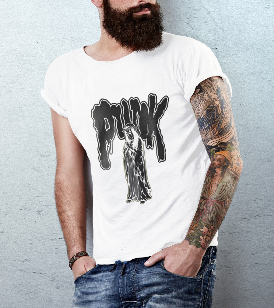 Punk Dripping Hooded Skeleton Praying Crown Of Thorns T-Shirt