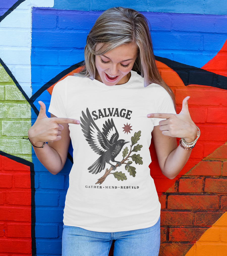 Salvage Gather Mend Rebuild Bird On Oak Branch With Acorns T-Shirt