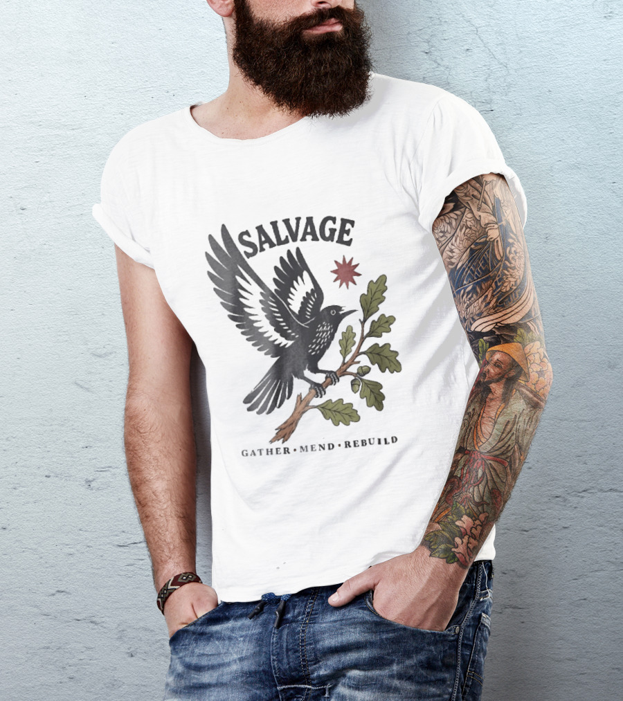 Salvage Gather Mend Rebuild Bird On Oak Branch With Acorns T-Shirt