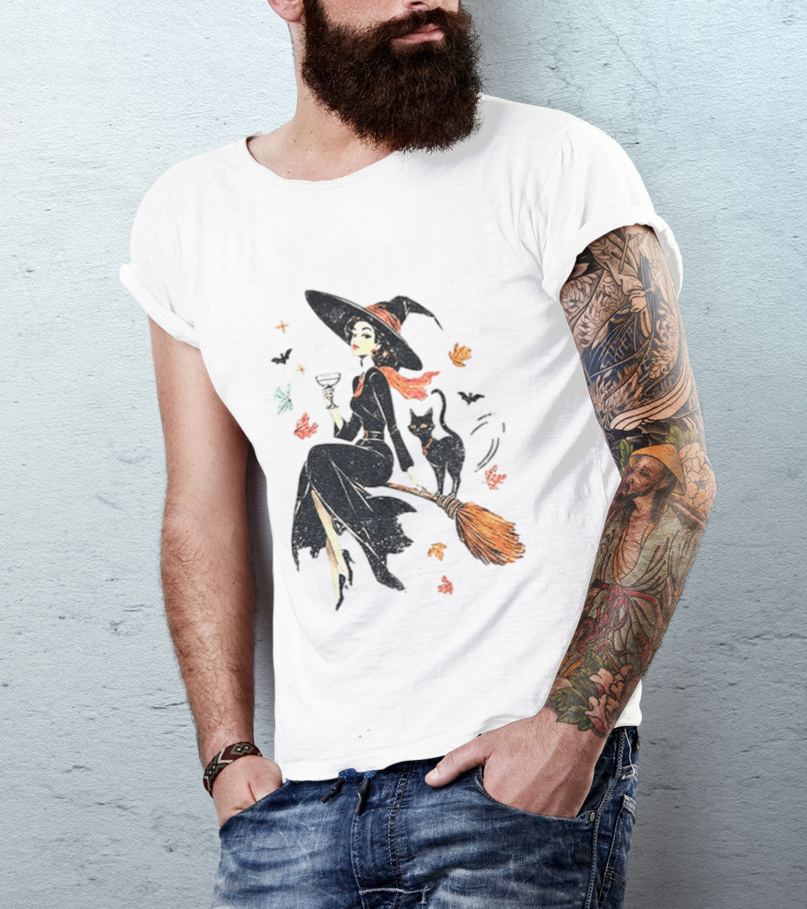 Witch Cat Ringer Spooky Fall Pumpkin Halloween Vintage Witch And Black Cat On Broomstick With Coffee Cup And Autumn Leaves T-Shirt