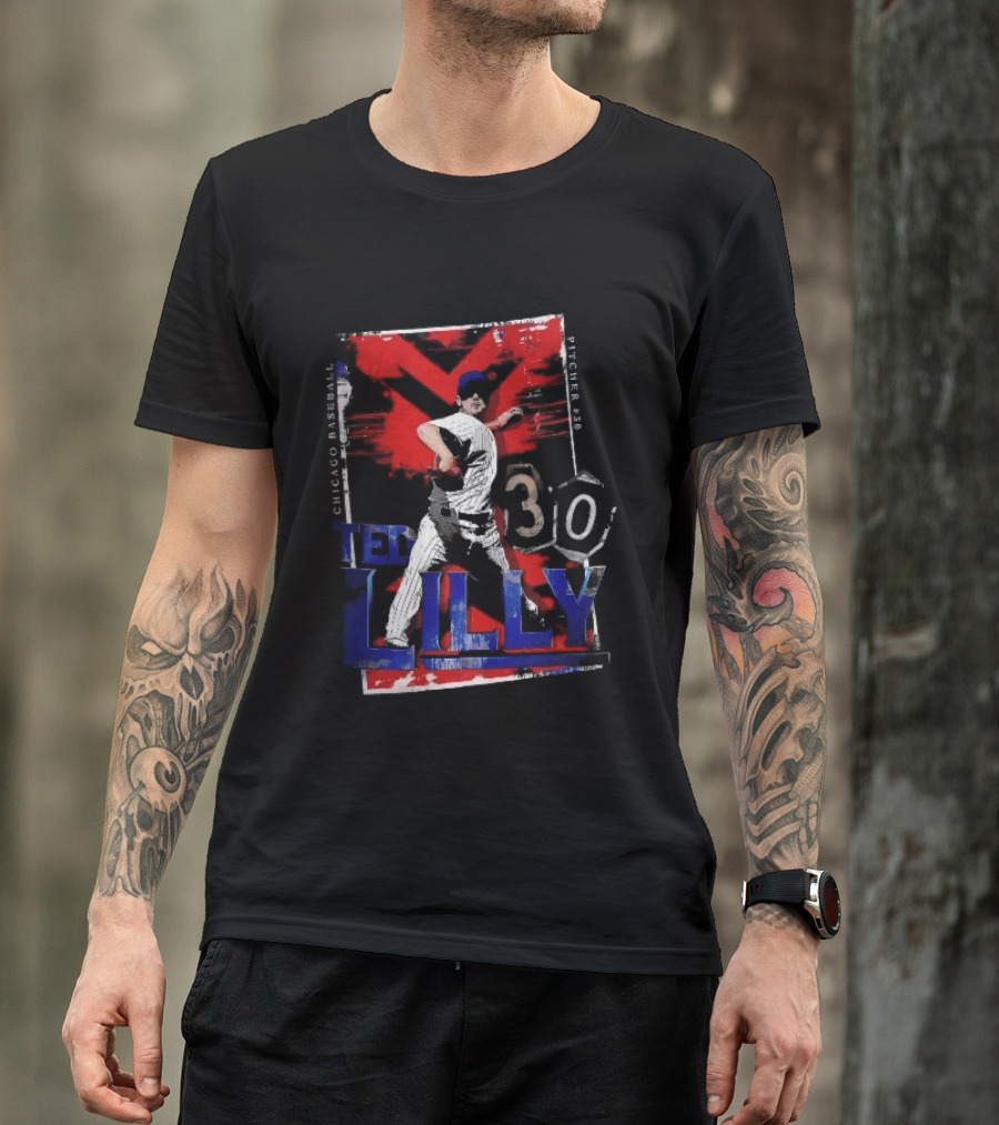 Chicago Baseball MLB Pitcher Ted Lilly 30 Distressed Red Black Collage Throwing Photo T-Shirt