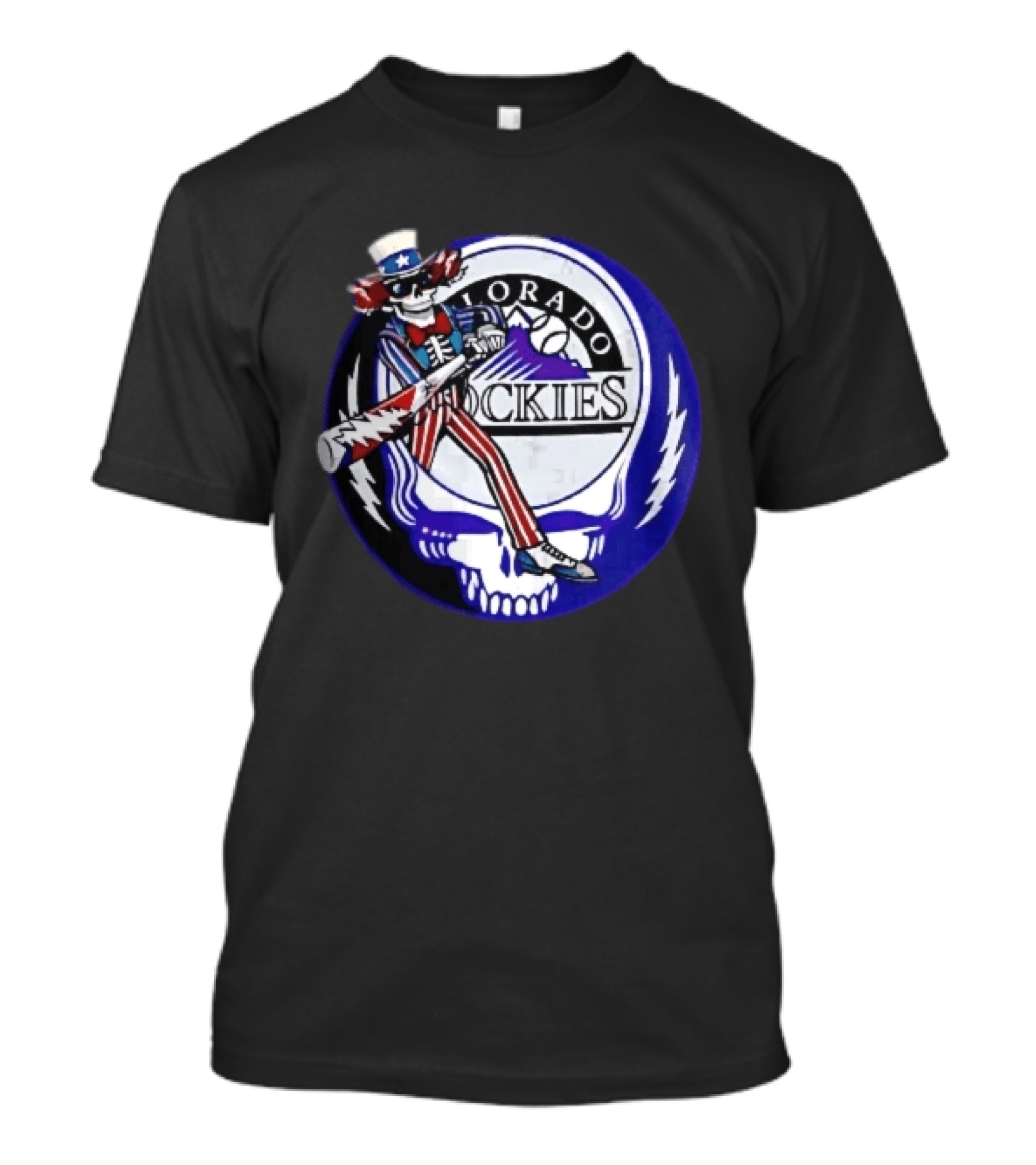 Colorado Rockies Grateful Dead Uncle Sam Skeleton Batting Lightning Stealie Skull T-Shirt