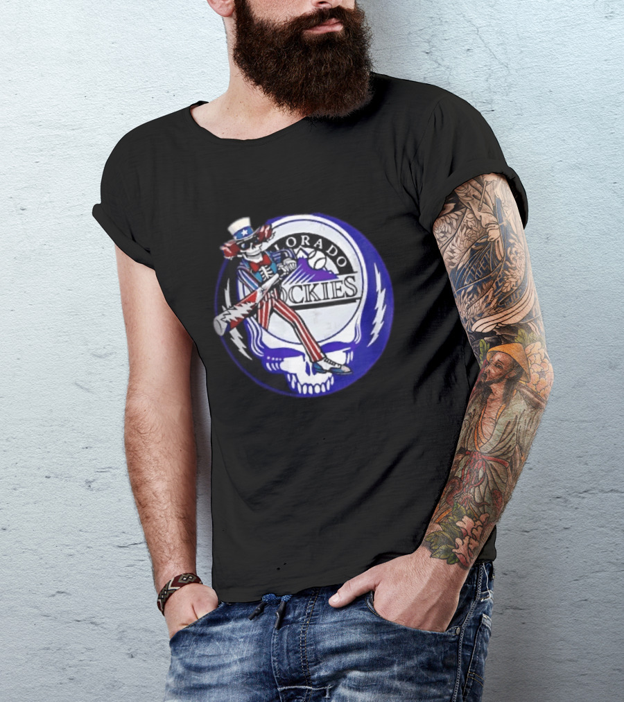 Colorado Rockies Grateful Dead Uncle Sam Skeleton Batting Lightning Stealie Skull T-Shirt