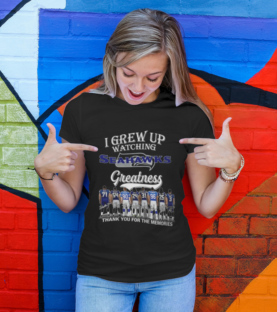 I Grew Up Ing Seahawks Greatness Thank You For The Memories Jones Engram Largent Alexander Wilson Kennedy Griffith T-Shirt