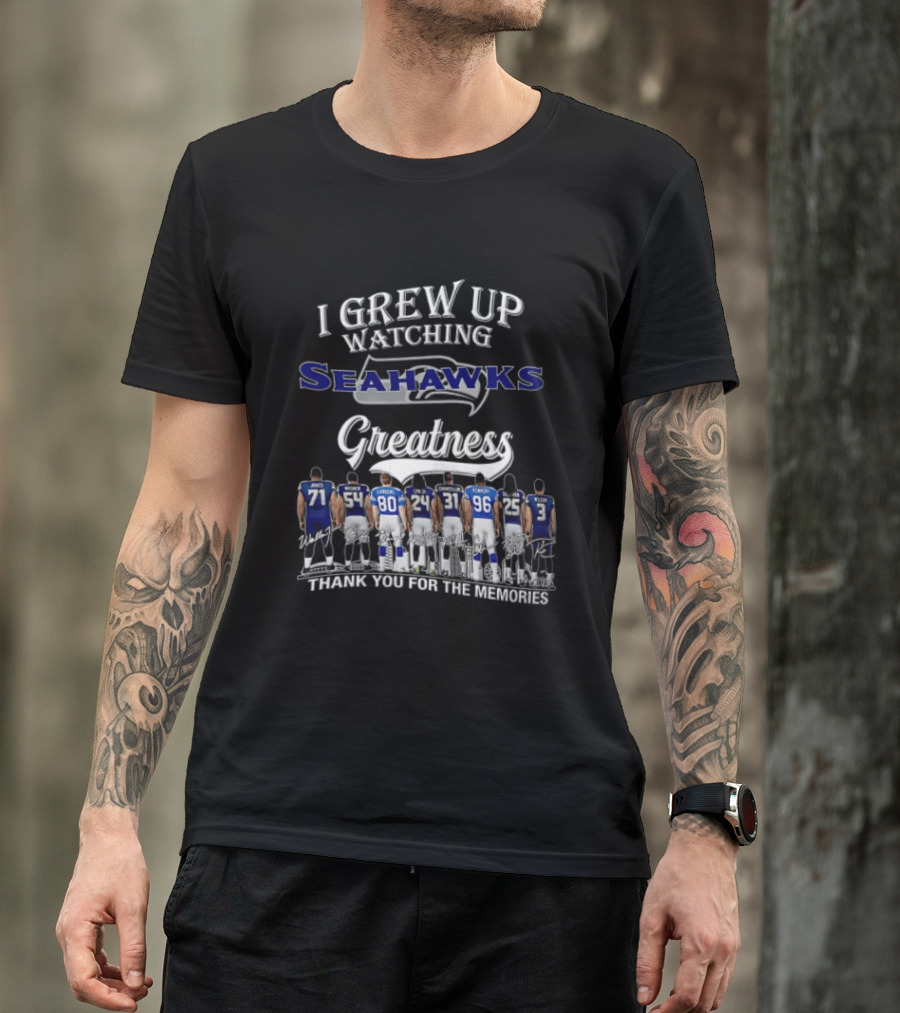 I Grew Up Ing Seahawks Greatness Thank You For The Memories Jones Engram Largent Alexander Wilson Kennedy Griffith T-Shirt