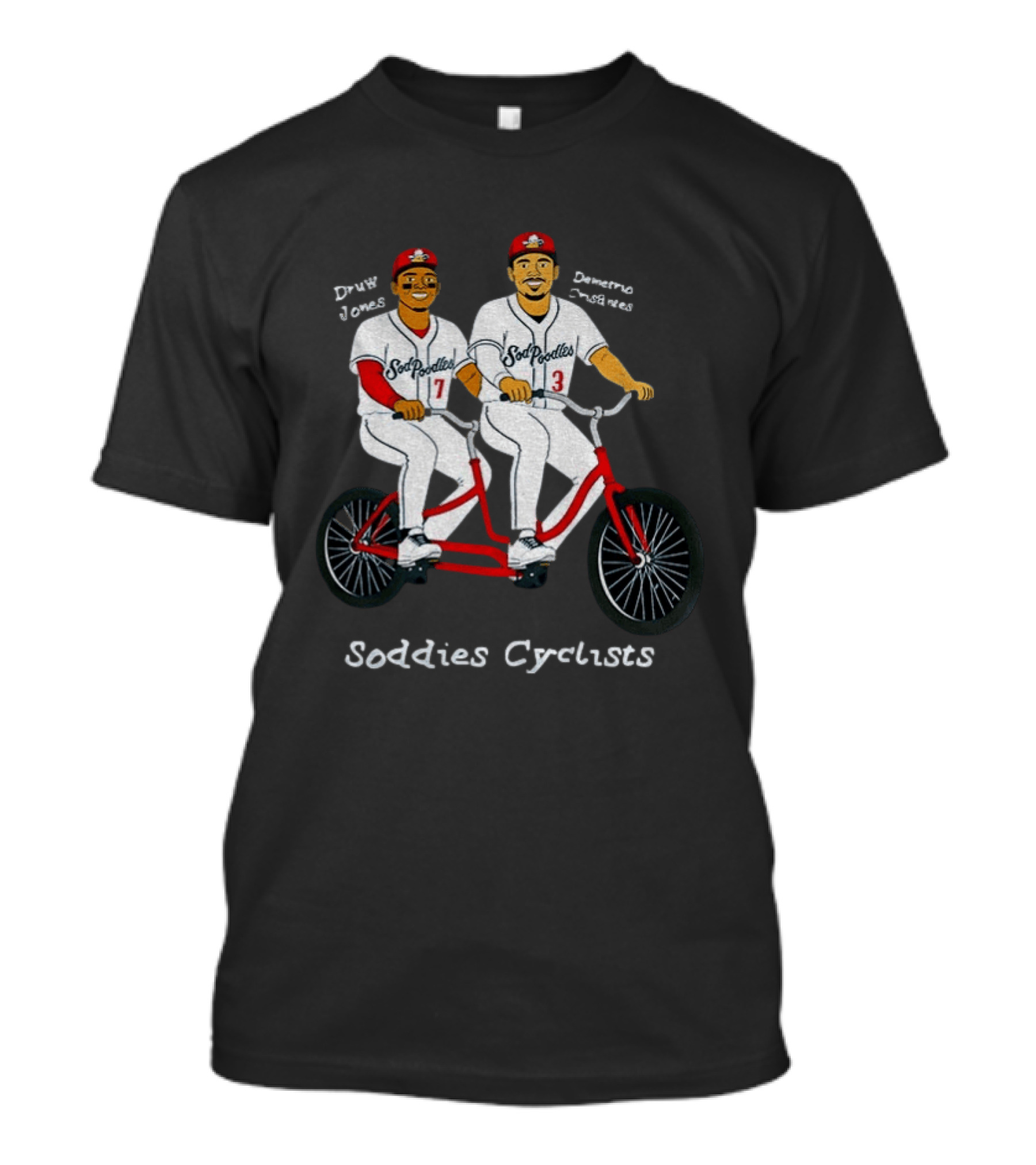 Druw Jones Demetrio Crisantes Sod Poodles Soddies Cyclists Retro Baseball Tandem Riders T-Shirt