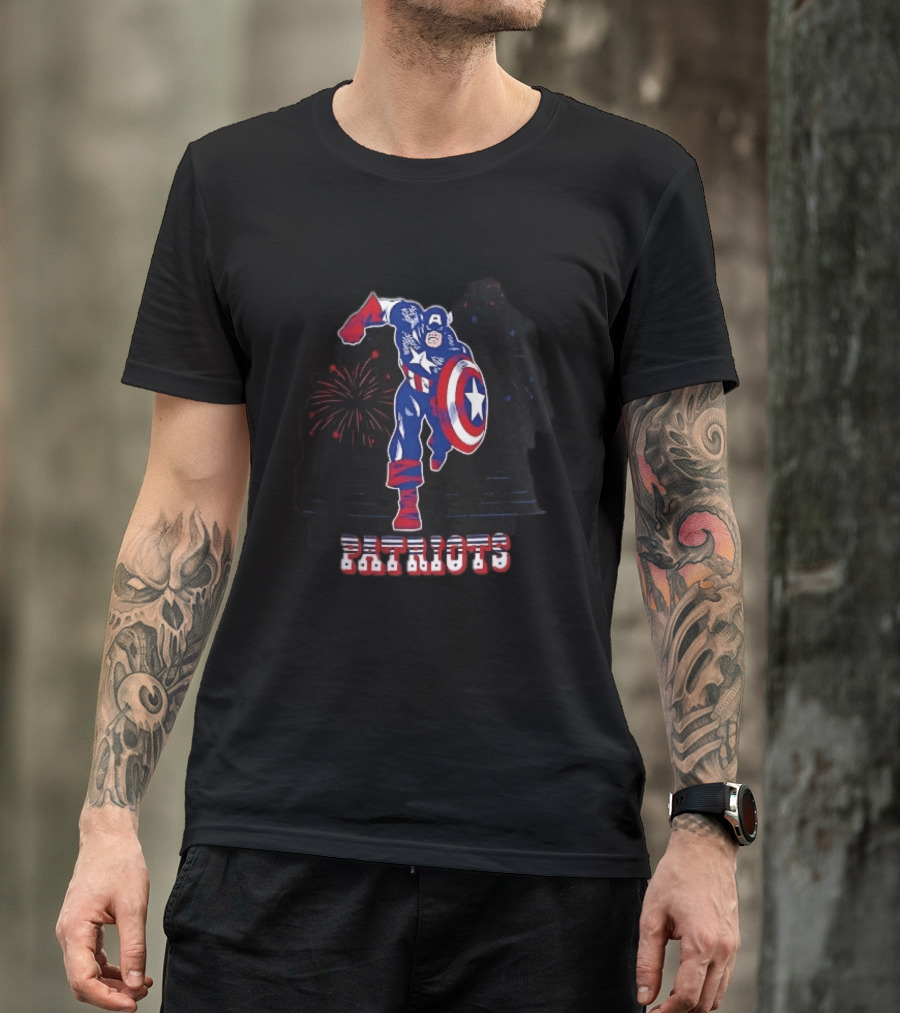 Patriots Captain America Shield Fireworks Cartoon T-Shirt