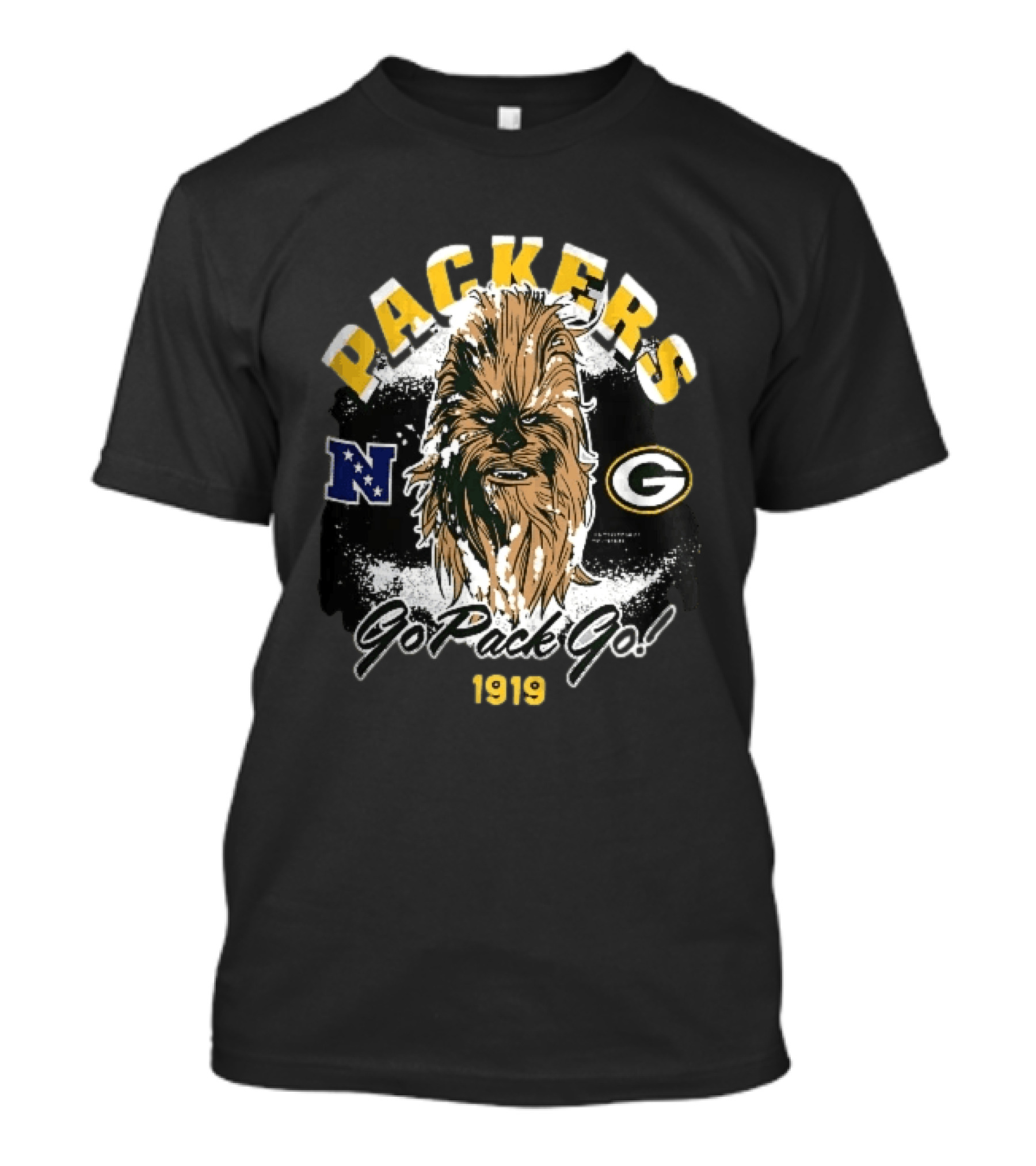 Packers Chewbacca Face Go Pack Go 1919 Snow Splatter T-Shirt