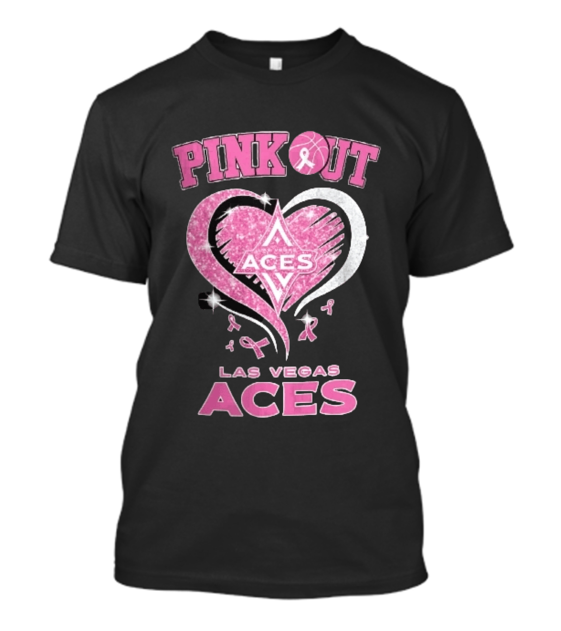 Las Vegas Aces Pink Out Glitter Heart Breast Cancer Awareness Ribbons WNBA T-Shirt