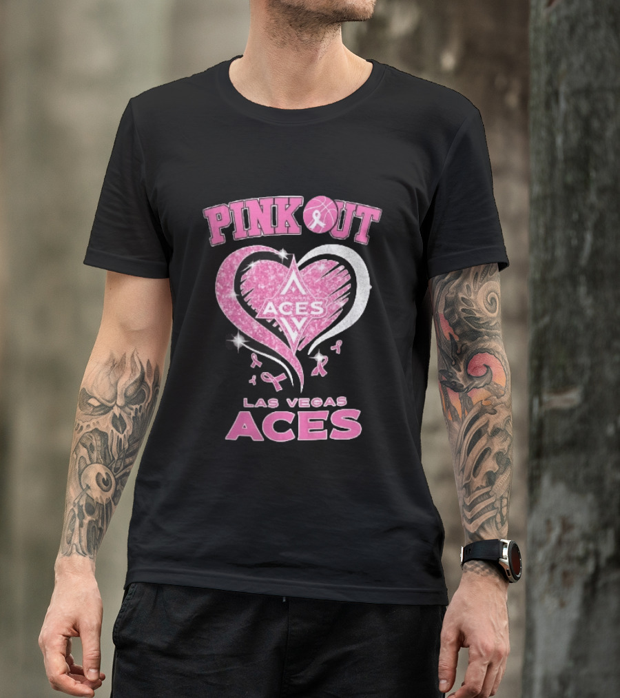 Las Vegas Aces Pink Out Glitter Heart Breast Cancer Awareness Ribbons WNBA T-Shirt