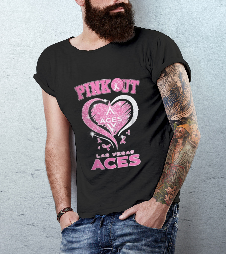 Las Vegas Aces Pink Out Glitter Heart Breast Cancer Awareness Ribbons WNBA T-Shirt