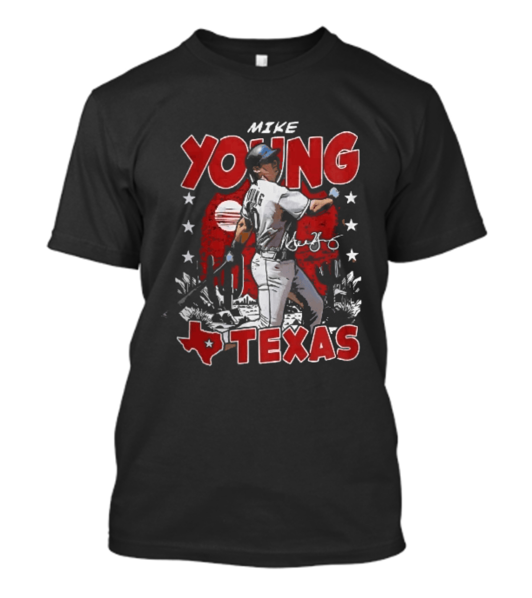 Texas Rangers MLB Mike Young Batting Cactus Red Sunset Stars T-Shirt
