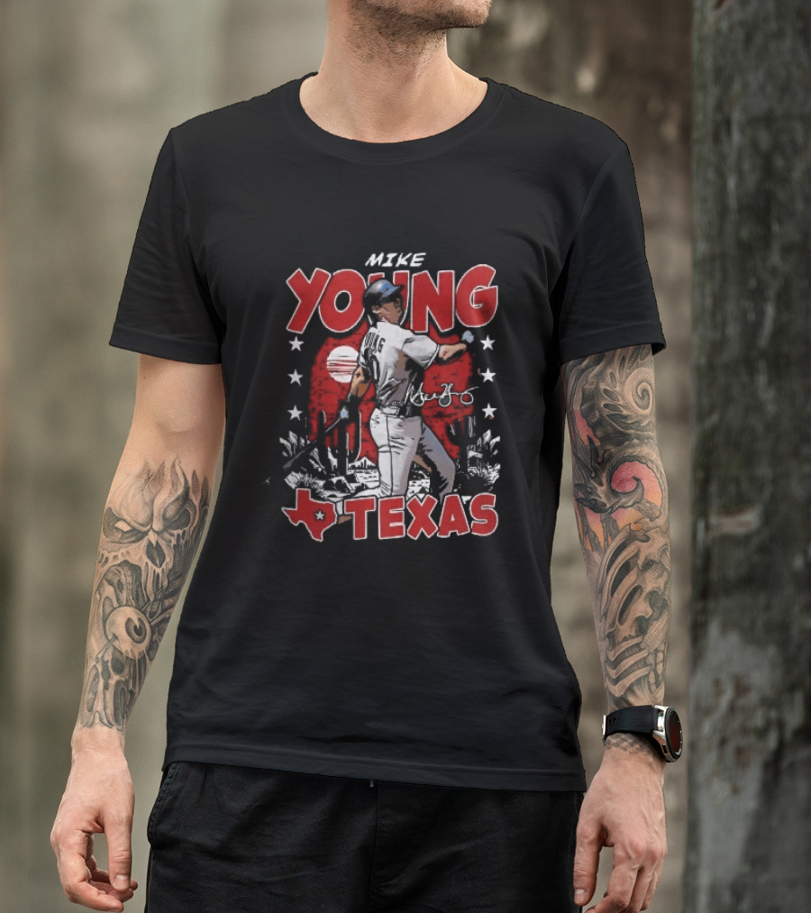 Texas Rangers MLB Mike Young Batting Cactus Red Sunset Stars T-Shirt