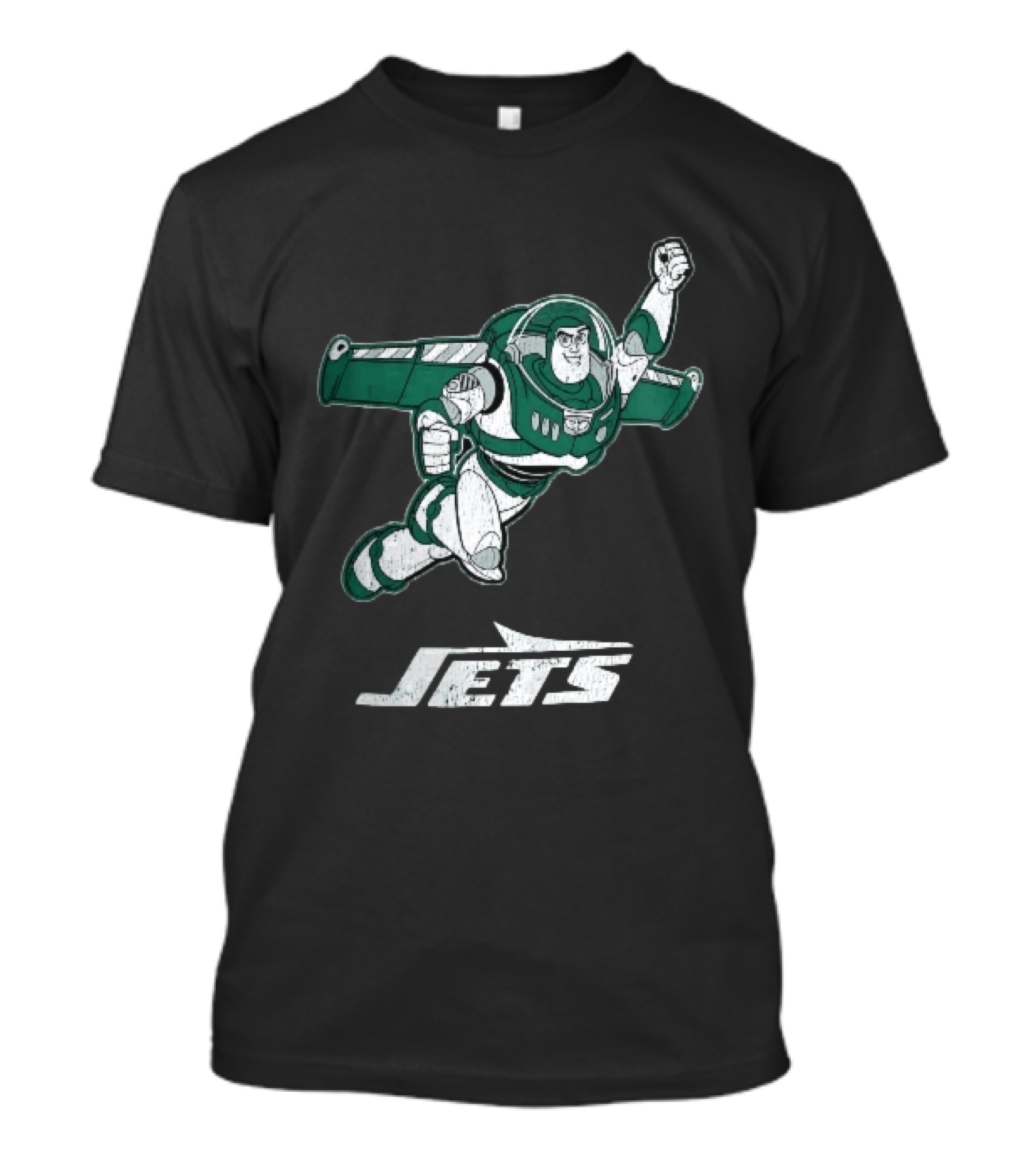 Buzz Lightyear Flying New York Jets Distressed Cartoon T-Shirt