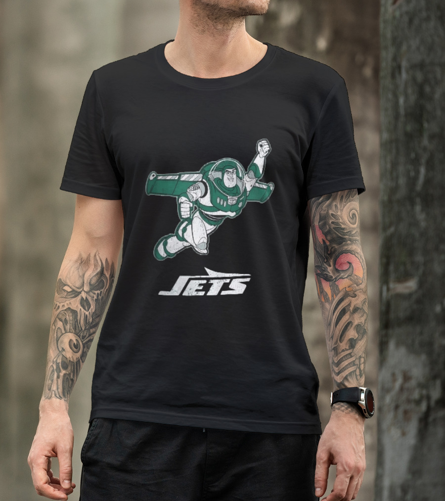 Buzz Lightyear Flying New York Jets Distressed Cartoon T-Shirt