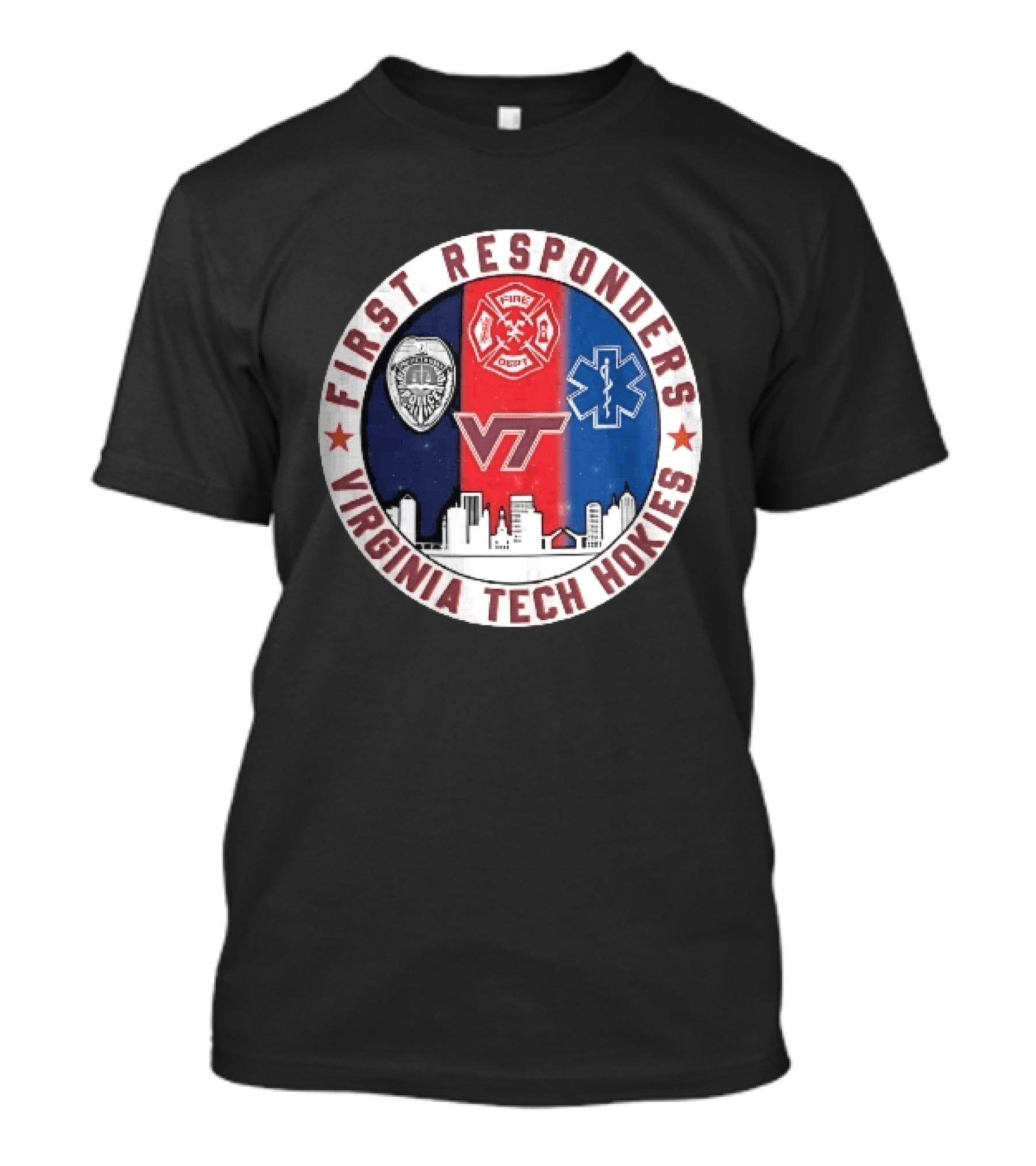 Virginia Tech Hokies First Responders Police Fire Dept EMS Star Skyline T-Shirt
