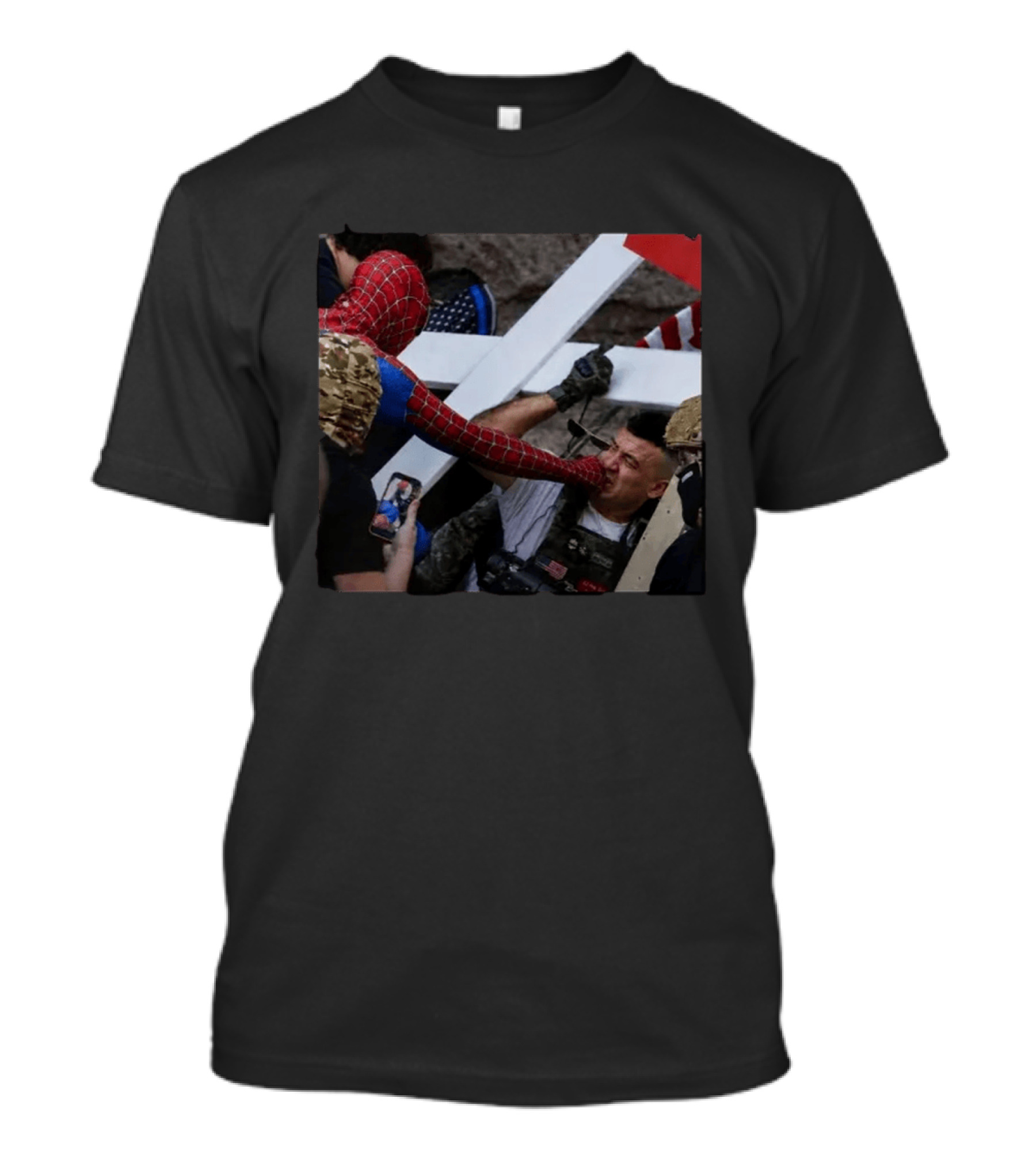 Spiderman Punching Man Holding Cross And Flag Image T-Shirt
