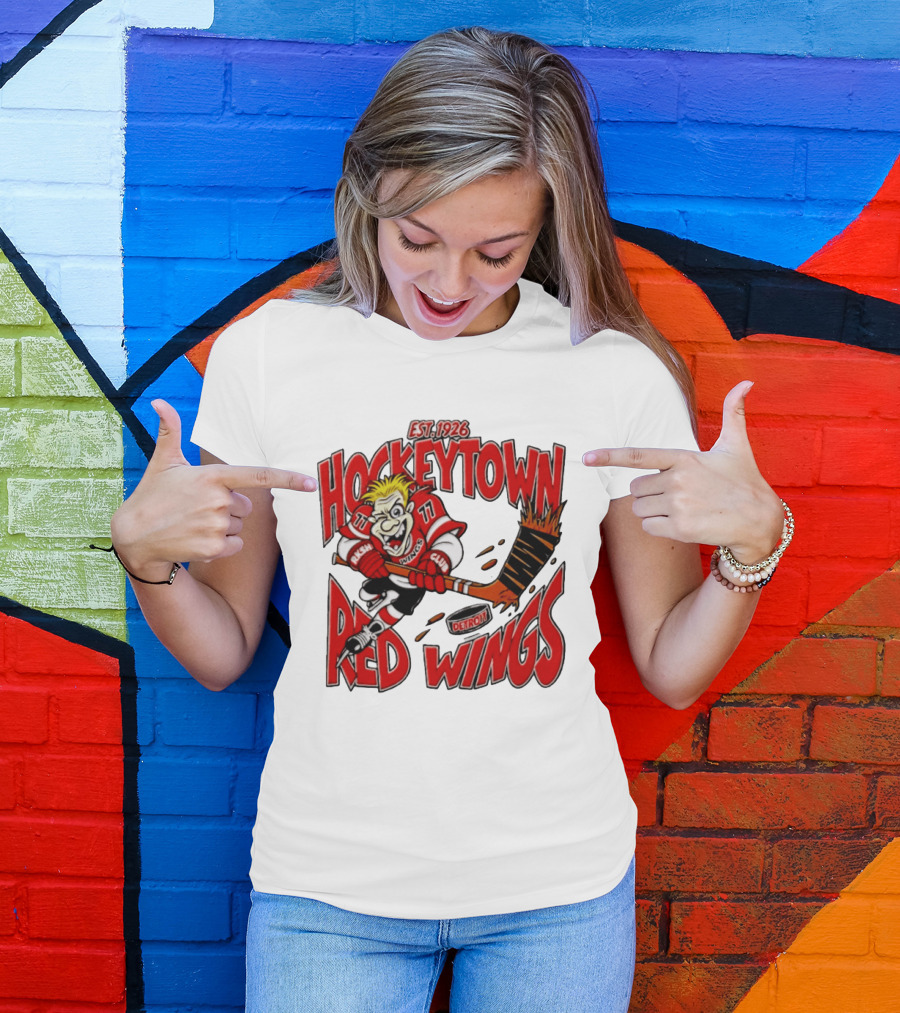Detroit Red Wings Hockeytown Est. 1926 Vintage Cartoon Player With Flaming Hockey Stick T-Shirt