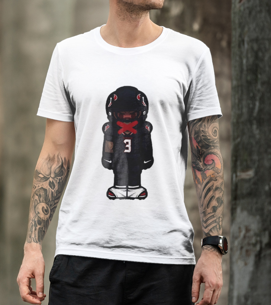 Houston Texans Cartoon Caricature Player Jersey Number 3 Red X Mouth T-Shirt