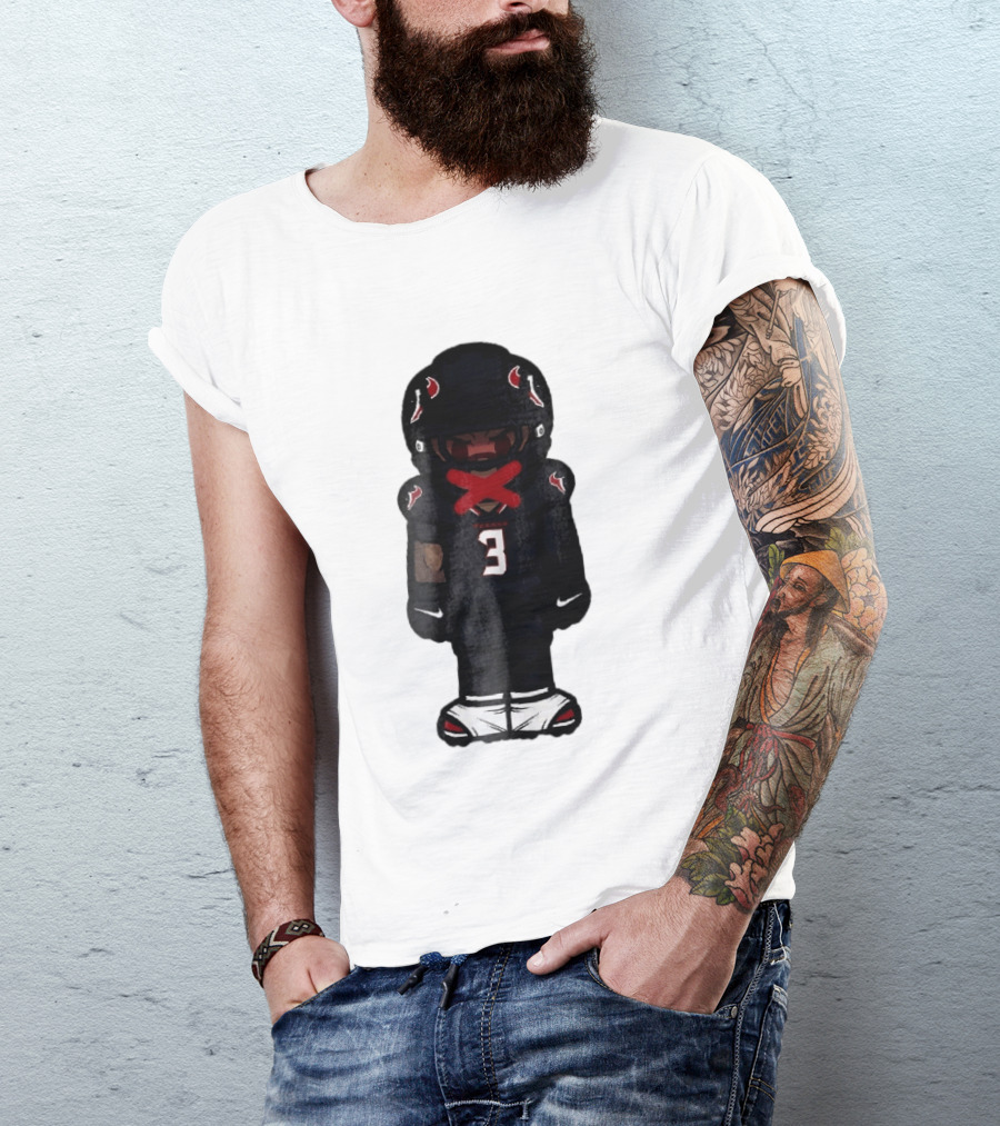 Houston Texans Cartoon Caricature Player Jersey Number 3 Red X Mouth T-Shirt