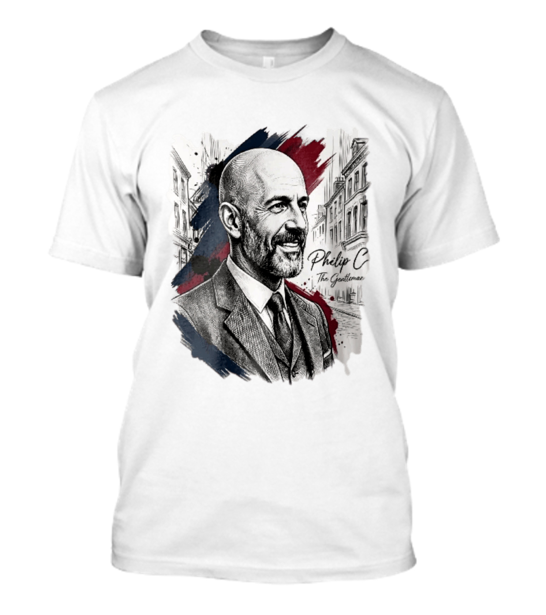 Philip C The Gentleman Bald Bearded Man Suit City Sketch T-Shirt