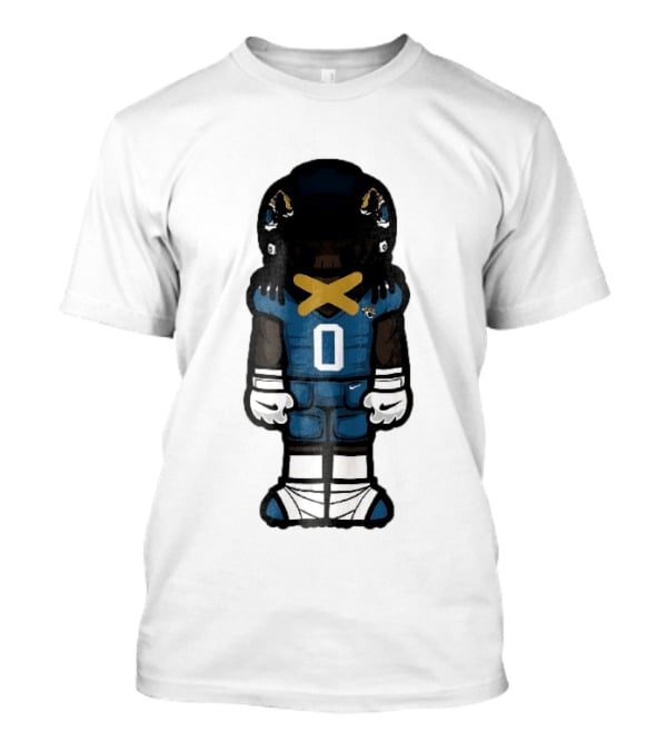 Jacksonville Jaguars Cartoon Caricature Player Jersey 0 Gold Tape Football Team Merchandise T-Shirt