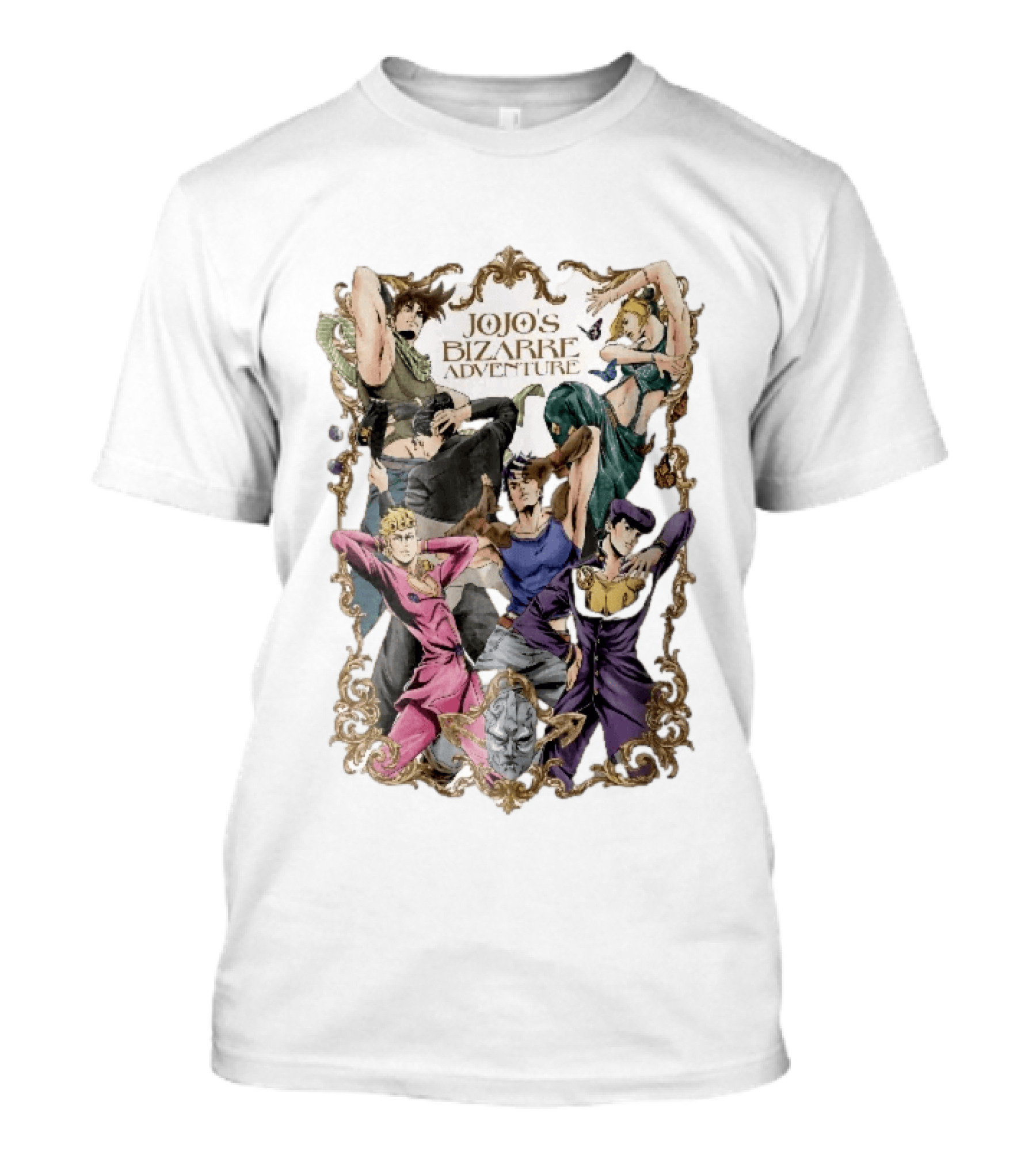 JoJo's Bizarre Adventure Characters Posing In Ornate Gold Frame With Stone Mask T-Shirt