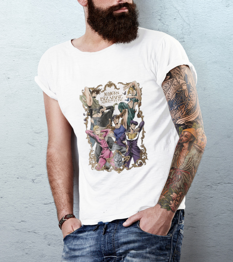 JoJo's Bizarre Adventure Characters Posing In Ornate Gold Frame With Stone Mask T-Shirt