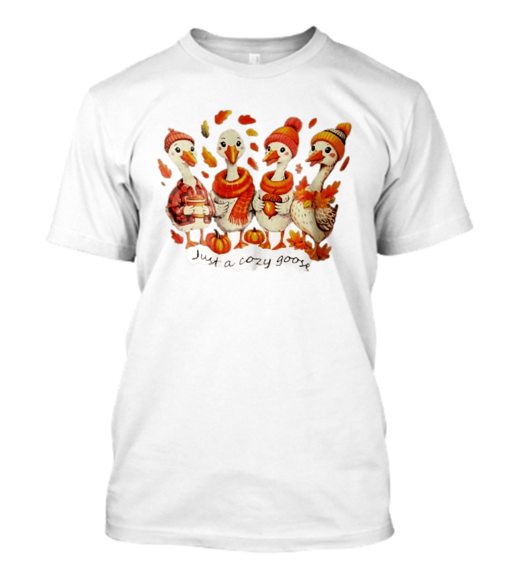 Cozy Goose Autumn Theme Four Cartoon Birds Leaves Pumpkins T-Shirt